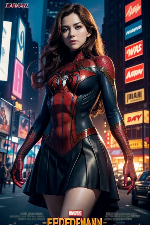 Kat Denningarvel Comics Movie Poster, Very beautiful, Movies about Spiderman, sexy, whole body, I'm wearing a skirt、Premiere date, Poster、belly buttonを突き出す、new york、She's wearing a torn Spider-Man suit,The suit is torn、Wearing a skirt、 Red and black color scheme,dynamic、masterpiece、highest quality、Ultra-detailed、Very detailed、A delicate and beautiful shine、超A high resolution、Cinematic,Break,Breakdrop,(Torn clothes:1.5), (Wet clothes:1.4), Bare shoulders,Real Rain,Wet Hair,belly button、Exposing Skin、Showing off her sexy shoulders