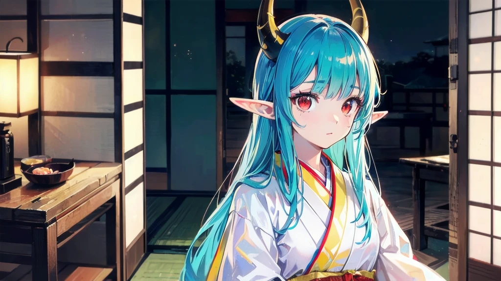 RAW, professional photograph, movie photograph, medium shot, Female elf, (((little yellow horns))), twenty years old, night, athletic body, soft facial features, long hair, straight hair, (((pacific cyan hair))), (((red eyes faded to yellow))), japanese female uniform, traditional japanese village, Realism, hyperrealism, ray tracing, high details, super detail, UHD, 8k