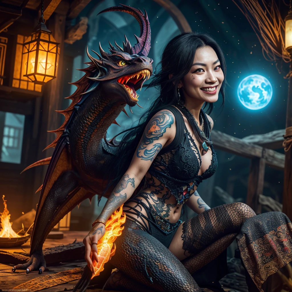 A witchy Asian spirit, Malaysian woman, age 25, ankle length hair, extensive tattoos ( dragon motif), evil body jewelry, unclad (very sexy and revealing but still enough is covered to be SFW) , glowing eyes, and a unholy aura, she is laughing cruelly, she floats above a corrupt magic circle in a medieval European village, black serpentine Asian drakes slither around the edges of the scene(almost out of sight, almost out of reach). (best quality, 4k, highres, masterpiece:1.2), ultra-detailed, (realistic, photorealistic, photo-realistic:1.37), HDR, UHD, studio lighting, ultra-fine painting, sharp focus, physically-based rendering, extreme detail description, professional, vivid colors, bokeh, portraits, landscape, horror, anime, sci-fi, photography, concept artists, vibrant colors, soft lighting. Set in a medieval European village