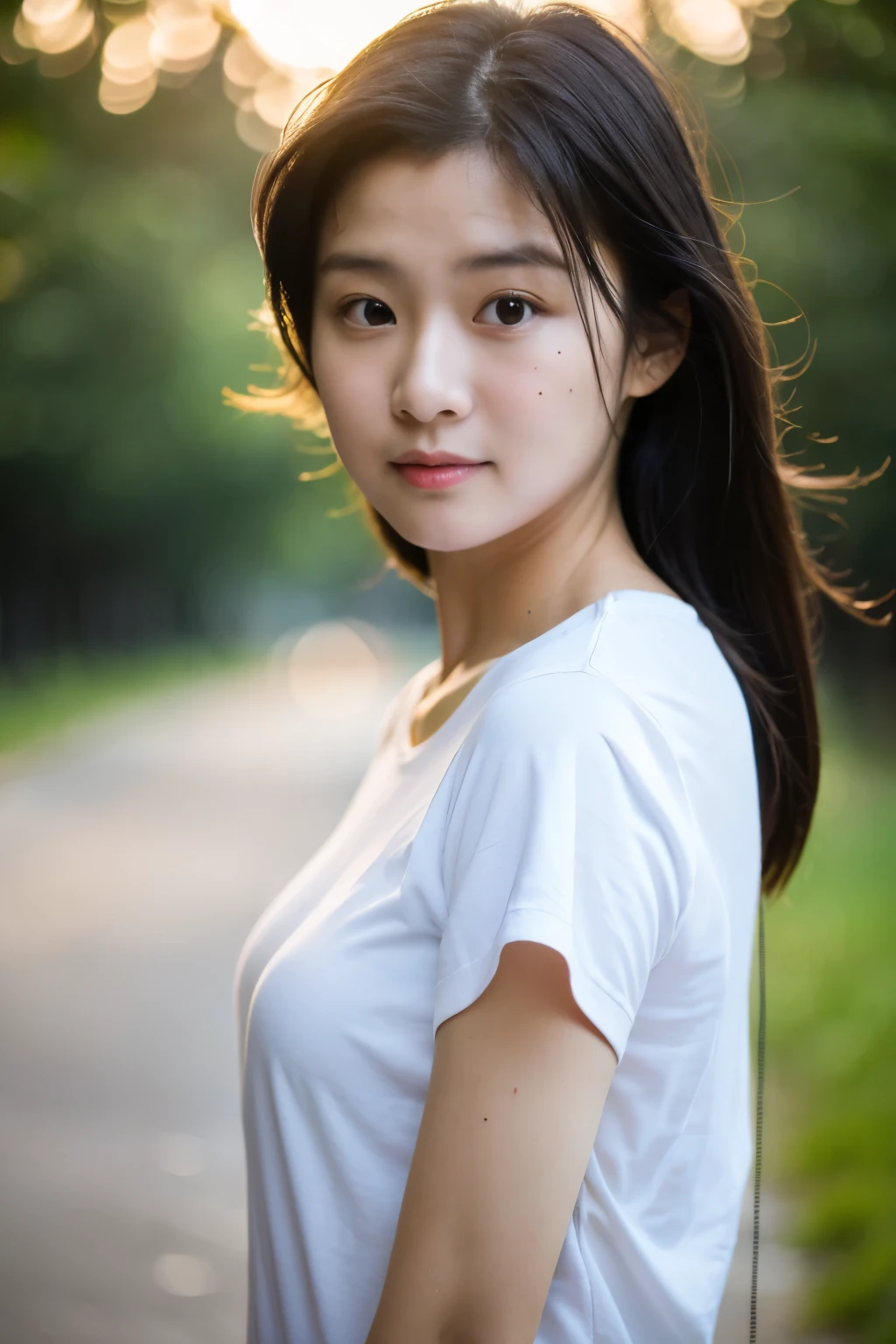 8k, RAW Photos, Best quality natural light,(View Viewer,from the front:1,2),Don't look at the camera,Small breasts,(Real human skin,Detailed skin:1,4),Detailed eyes and face on upper body,double eyelid ,eyelash,Brown eyes,long eyelash,Lips parted,Lip gloss,Highly detailed face,Natural Makeup,((One girl,Beautiful Japanese Women,20th Generation:1.2)),((Straight Short Hair,Natural Hair,Transparent bangs,Light brown hair:1,6)),smile,White shirt,