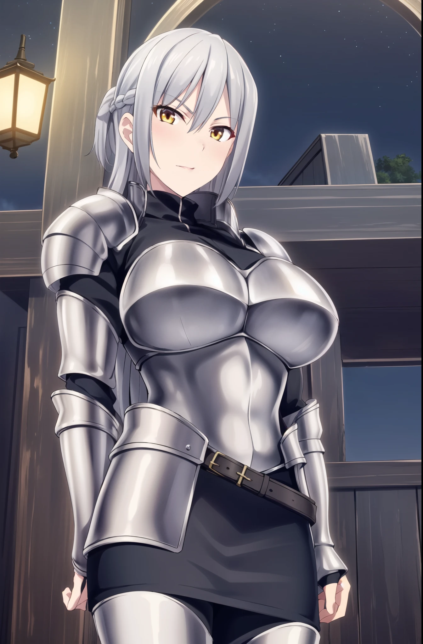 (Night:1.7), Japan, Tokyo, CityView, Before Window,
Standing at attention, gauntlet, greyscale,
black skirt, ,armor,shoulder armor, armored dress, armored boots, 
silver_hair,Long_hair,Bangs,Orange_eyes,braid,
1 girl, 20yo,mature female,Beautiful Finger,Beautiful long legs,Beautiful body,Beautiful Nose,Beautiful character design, perfect eyes, perfect face,
looking at viewer, in the center of the image,
NSFW,official art,extremely detailed CG unity 8k wallpaper, perfect lighting,Colorful, Bright_Front_face_Lighting,
(masterpiece:1.0),(best_quality:1.0), ultra high res,4K,ultra-detailed,
photography, 8K, HDR, highres, absurdres:1.2, Kodak portra 400, film grain, blurry background, bokeh:1.2, lens flare, (vibrant_color:1.2)
(Beautiful,large_Breasts:1.4), (beautiful_face:1.5),(narrow_waist),