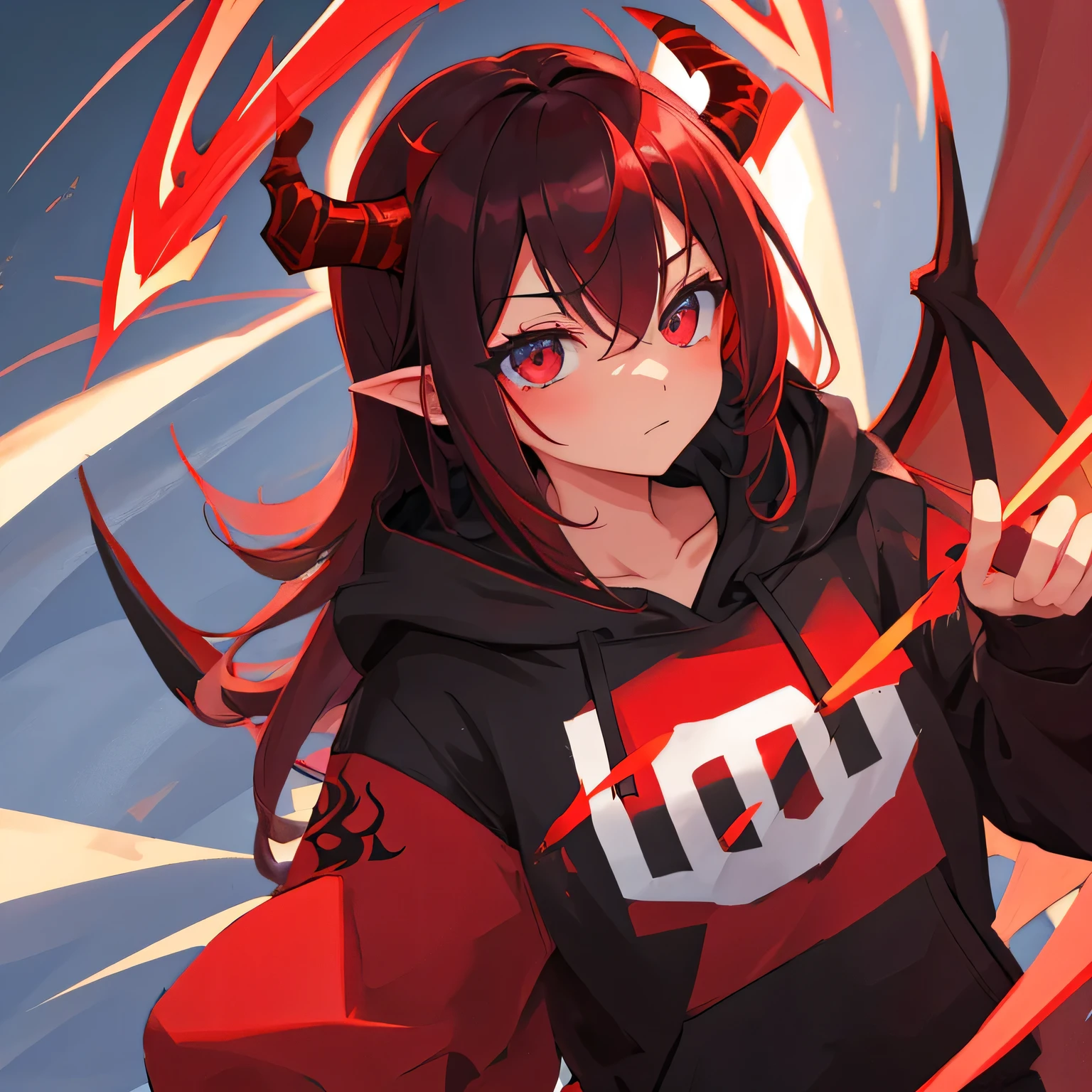 Ojos rojos, red horns and dragon wings, hoodie negra, pechos grandes, cabello rojo