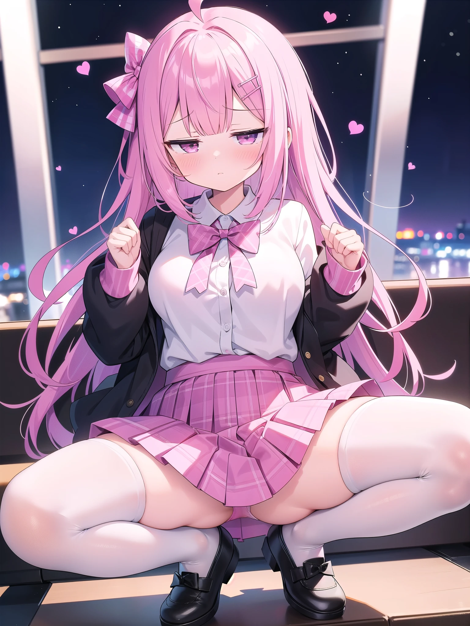 Pink Panties,Big breasts with legs spread,High Resolution 1girl Ahoge Bobby_pin bow bowtie braid brOwn_目s collared_shirt dojikko_Temporarily stop_shirt frilled_shirt_Color Free Joint_skirt frills hair_bow hair_ornament hairpin hand_in addition_Own_head, heart, heart_hair_Decorative hood_jacket jacket lin additiong_Pentagon Pink_hair plaid plaid_Ribbon Check_Pleated skirt_skirt shirt shoelaces shoes simple_background sitting skirt solo star_(symbol) twin_Braided Warisa White_Background Airport Airport Airport_Knee socks, whole body