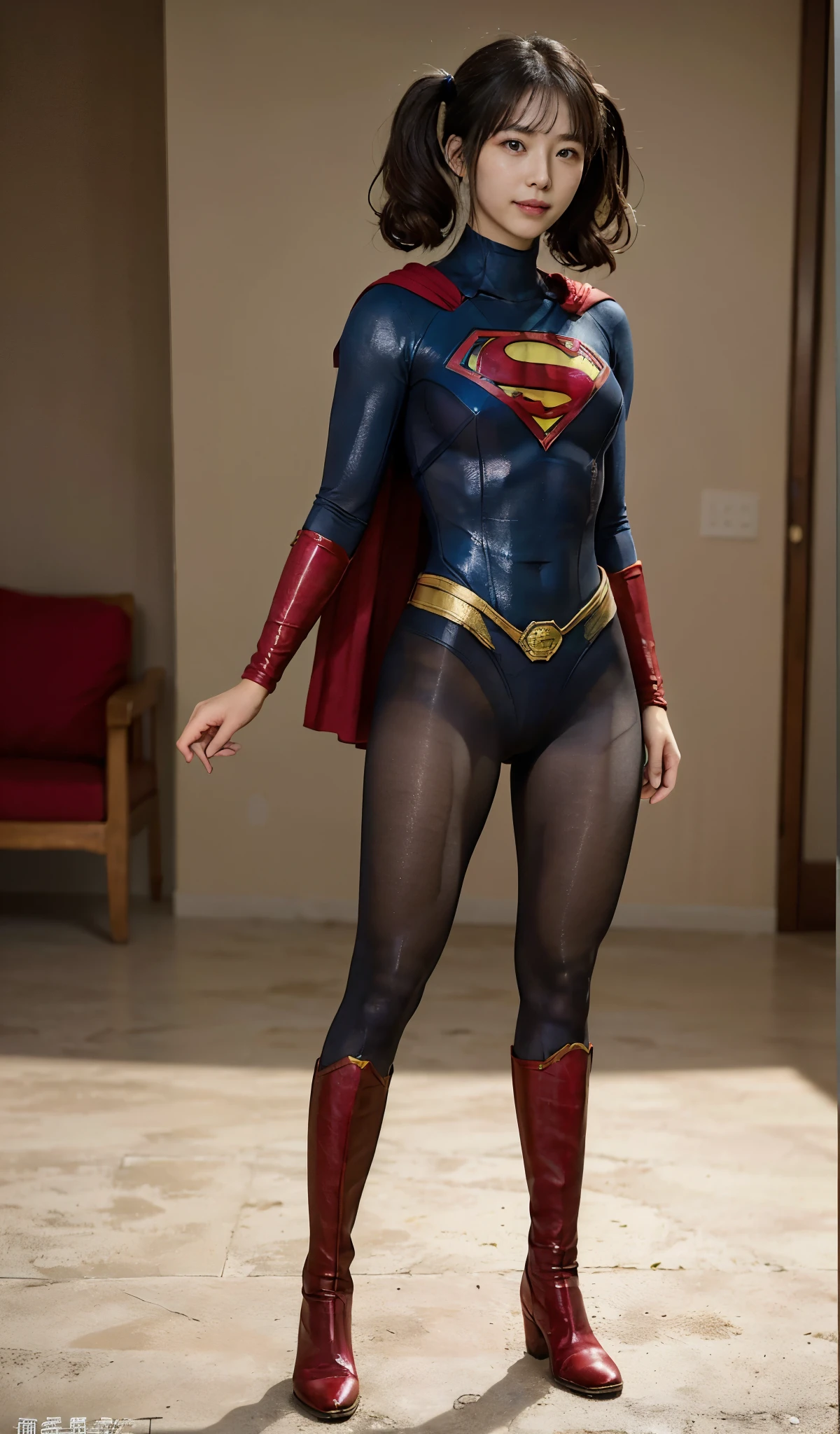 No background、(((Beautiful legs in black tights.)))、(((Legally express the beauty of your smile)))、((((Make the most of your original images)))、(((Supergirl Costume)))、(((Beautiful hair with twin tails)))、(((suffering)))、(((Please wear black tights....、Wear red boots)))、((Best image quality、8k))、((highest quality、8k、masterpiece:1.3))、(((Preserve background )))、Sharp focus:1.2、Beautiful woman with perfect figure:1.4、Slim Abs:1.2、Wet body:1.5、Highly detailed face and skin texture、8k