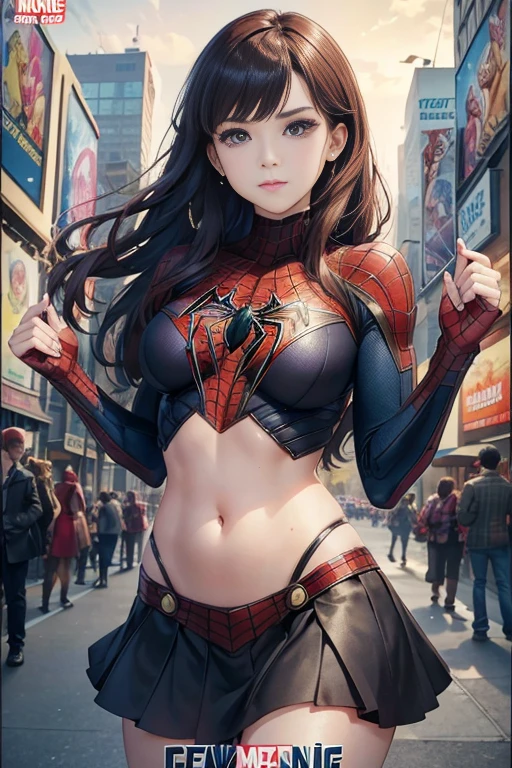 Kat Denningarvel Comics Movie Poster, Very beautiful, Movies about Spiderman, y, whole body, I'm wearing a skirt、Premiere date, Poster、belly but突き出す、new york、She's wearing a torn Spider-Man suit,The suit is torn、Wearing a skirt、 Red and black color scheme,dynamic、masterpiece、highest quality、Ultra-detailed、Very detailed、A delicate and beautiful shine、超A high resolution、Cinematic,Break,Breakdrop,(Torn clothes:1.5), (Wet clothes:1.4), Bare shoulders,Real Rain,Wet Hair,belly button、sing Skin、Showing off her sexy should