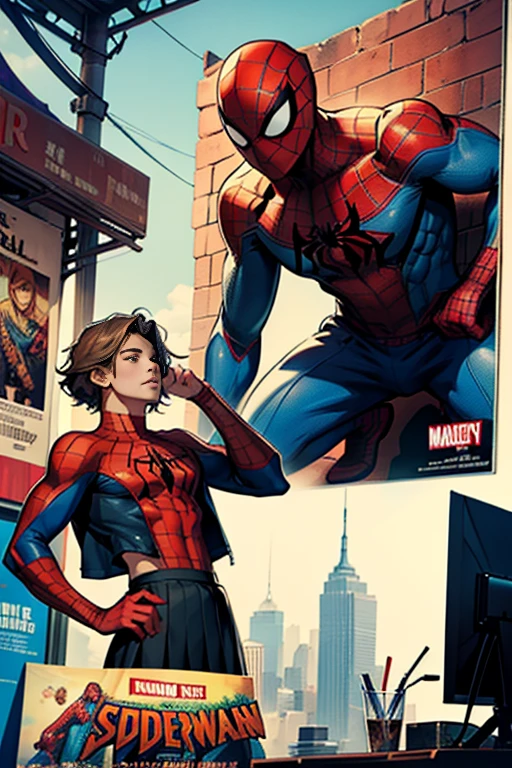 Kat Denningarvel Comics Movie Poster, Very beautiful, Movies about Spiderman, sexy, whole body, I'm wearing a skirt、Premiere date, Poster、belly buttonを突き出す、new york、She's wearing a torn Spider-Man suit,The suit is torn、Wearing a skirt、 Red and black color scheme,dynamic、masterpiece、highest quality、Ultra-detailed、Very detailed、A delicate and beautiful shine、超A high resolution、Cinematic,Break,Breakdrop,(Torn clothes:1.5), (Wet clothes:1.4), Bare shoulders,Real Rain,Wet Hair,belly button、Exposing Skin、Showing off her sexy shoulders