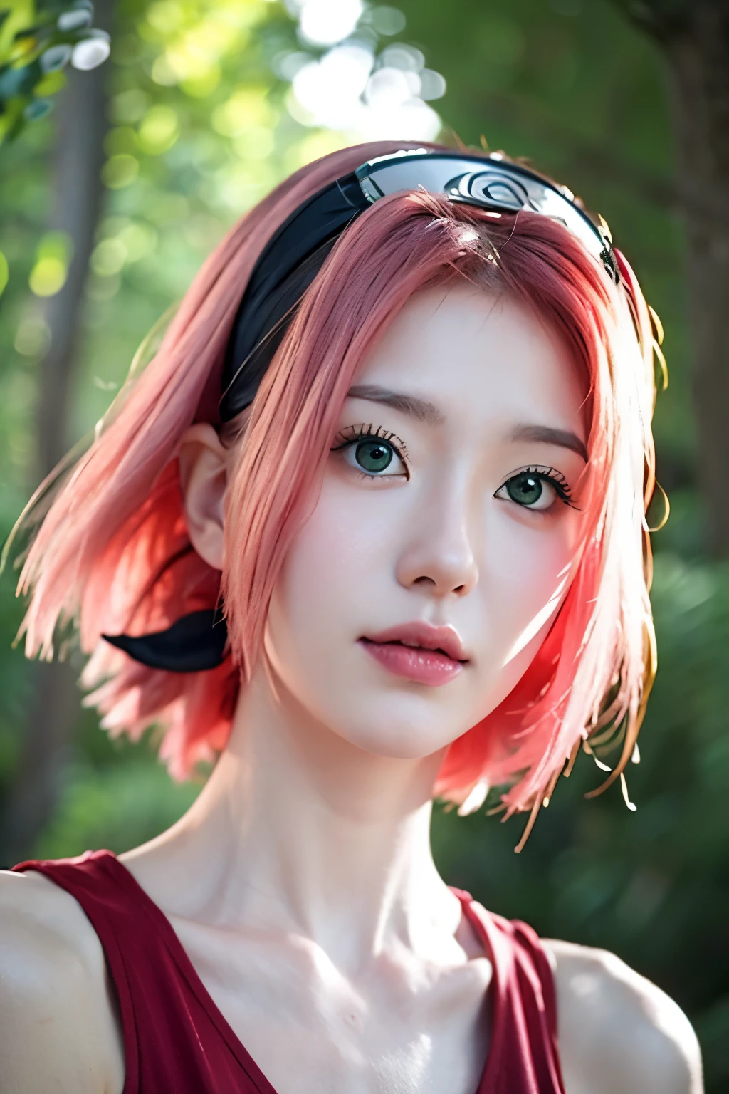 Ultra realistic photo of Haruno Sakura from the anime Naruto, with pink hair, green eyes, with a Konoha headband on her head in the background of a forest.