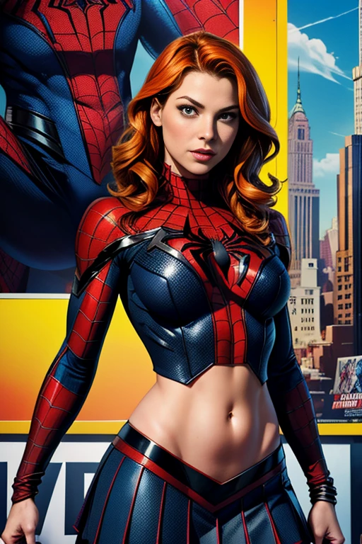 Kat Denningarvel Comics Movie Poster, Very beautiful, Movies about Spiderman, sexy, whole body, I'm wearing a skirt、Premiere date, Poster、belly buttonを突き出す、new york、She's wearing a torn Spider-Man suit,The suit is torn、Wearing a skirt、 Red and black color scheme,dynamic、masterpiece、highest quality、Ultra-detailed、Very detailed、A delicate and beautiful shine、超A high resolution、Cinematic,Break,Breakdrop,(Torn clothes:1.5), (Wet clothes:1.4), Bare shoulders,Real Rain,Wet Hair,belly button、Exposing Skin、Showing off her sexy shoulders