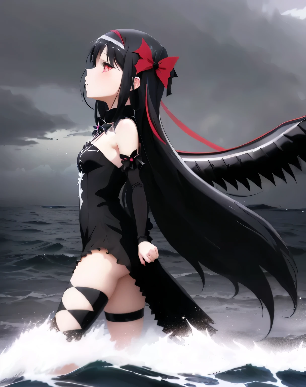 anime girl with long black hair standing in the ocean, inspired by Jin Homura, by Jin Homura, gothic maiden anime girl, demon anime girl, anime moe artstyle, noire photo, gapmoe yandere grimdark, anime style like fate/stay night, anime girl wearing a black dress, has black wings, hana yata, anime monster girl