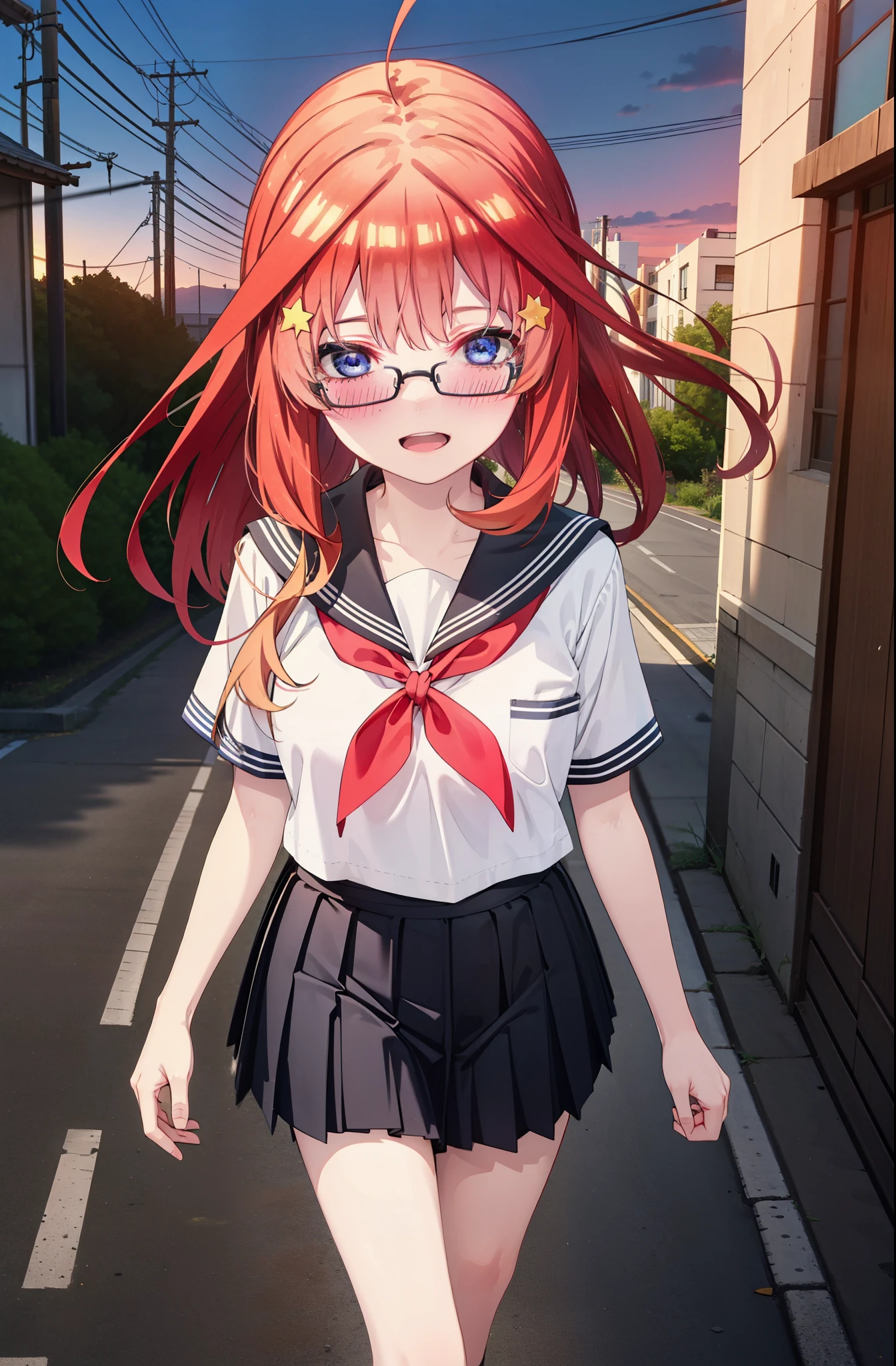 itsukinakano, Itsuki Nakano, bangs, blue eyes, Hair between the eyes, Ahoge, Redhead, star \(symbol\), hair ornaments, star 髪飾,blush,smile、happy smile, smile, Open your mouth,Akagi Glasses,Big Breasts,Japanese schoolgirl(Black Sailor Suit),Short sleeve,Black pleated skirt,Black knee-high socks,Brown Loafers,walk,morning,morning陽,The sun is rising,whole bodyがイラストに入るように,walk,Looking down from above,
break outdoors, city,construction area,
break looking at viewer, whole body,
break (masterpiece:1.2), highest quality, High resolution, unity 8k wallpaper, (shape:0.8), (Beautiful details:1.6), Highly detailed face, Perfect lighting, Extremely detailed CG, (Perfect hands, Perfect Anatomy),