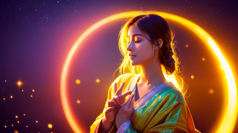 Woman experiencing spiritual awakening, highest quality, High resolution, Super detailed, Fantastic lighting, Vibrant colors, Loose-fitting robes, Calm expression, Lotus flower, Transcendent Energy, Golden halo, Shining Sparkle, Peace of mind, Connection with nature, Mysterious atmosphere
