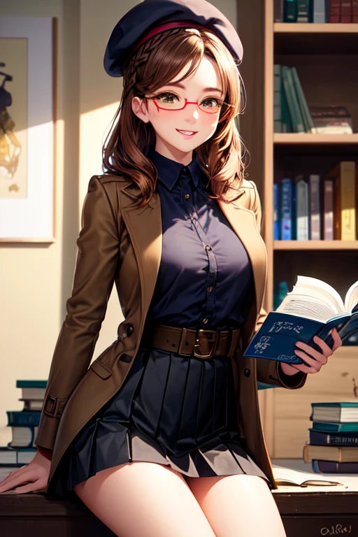 ((mejor calidad)), ((obra maestra)), (detallado), Woman 25 years old, sonriendo, cara perfecta, lentes, cabello largo color naranja, corona de trenzas, dark brown beret on the head, mustard brown blouse, dark brown pleated skirt, dark brown coat, pantimedias, leyendo un libro