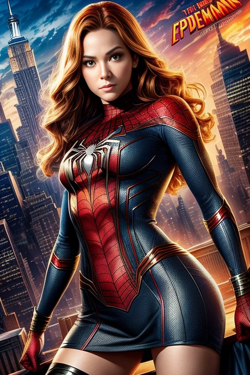 Kat Denningarvel Comics Movie Poster, Very beautiful, Movies about Spiderman, sexy, whole body, I'm wearing a skirt、Premiere date, Poster、belly buttonを突き出す、new york、She&#39;s wearing a torn Spider-Man suit,The suit is torn、Wearing a skirt、 Red and black color scheme,dynamic、masterpiece、highest quality、Ultra-detailed、Very detailed、A delicate and beautiful shine、超A high resolution、Cinematic,Break,Breakdrop,(Torn clothes:1.5), (Wet clothes:1.4), Bare shoulders,Real Rain,Wet Hair,belly button、Exposing Skin、Showing off her sexy shoulders