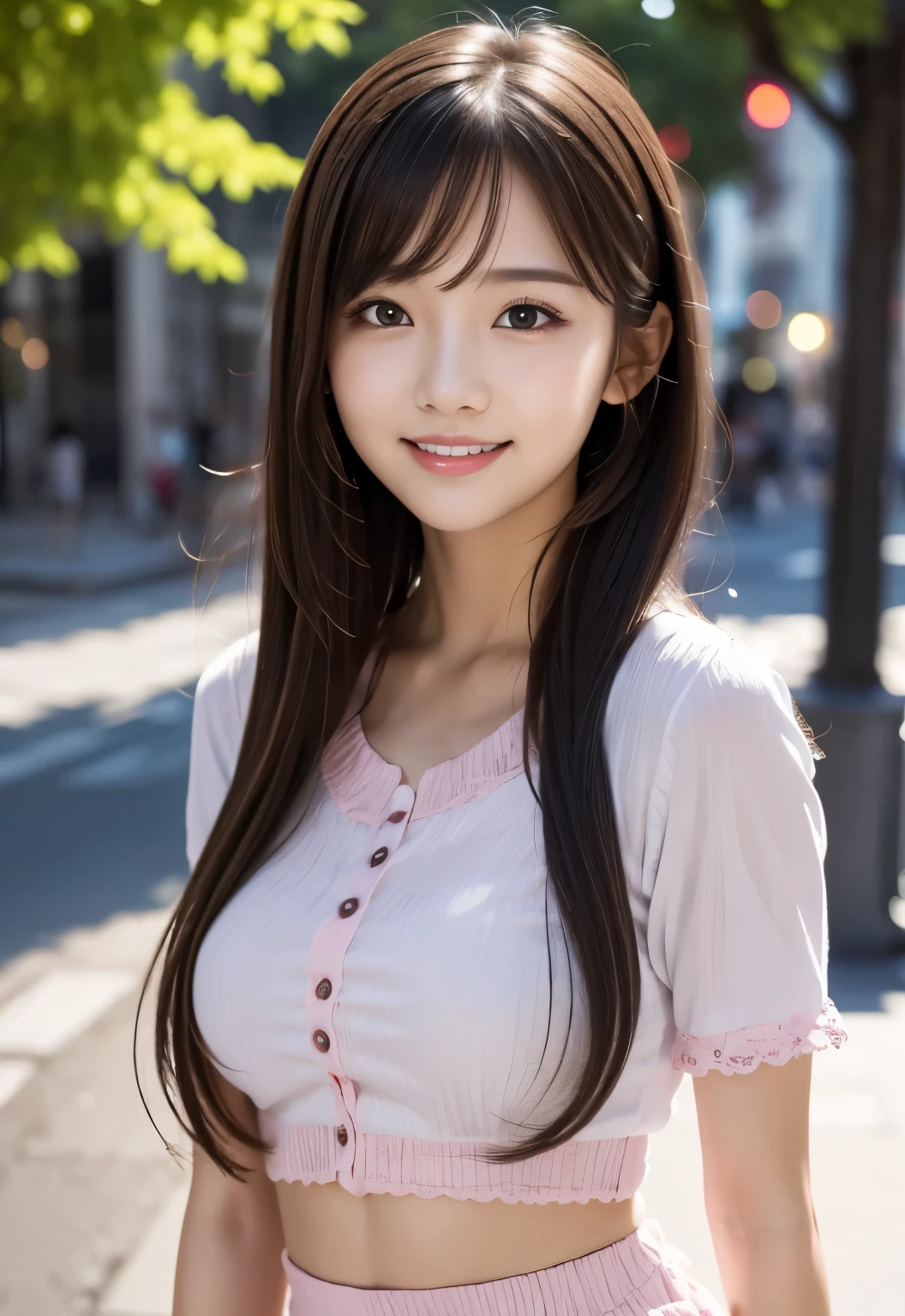 (masterpiece, best quality:1.1), (8k, raw photo, photo realistic:1.2, f22), (shiny skin), detailed skin,long hair,ribbon,detailed face, detailed eyes,smile,BREAK, real world, intricate details, smil, BREAK, 1girl, full body,(short sleeve,deep pink)BREAK, (city,1.4)