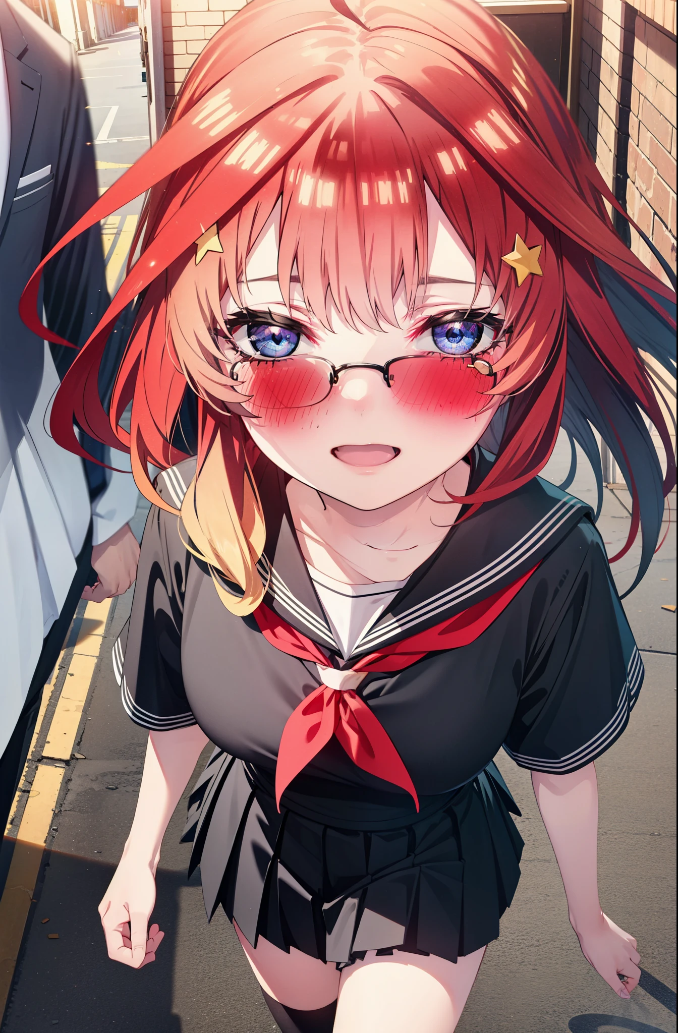 itsukinakano, Itsuki Nakano, bangs, blue eyes, Hair between the eyes, Ahoge, Redhead, star \(symbol\), hair ornaments, star 髪飾,blush,smile、happy smile, smile, Open your mouth,Akagi Glasses,Big Breasts,Japanese schoolgirl(Black Sailor Suit),Short sleeve,Black pleated skirt,Knee socks,Brown Loafers,walk,morning,morning陽,The sun is rising,whole bodyがイラストに入るように,walk,Looking down from above,
break outdoors, city,construction area,
break looking at viewer, whole body,
break (masterpiece:1.2), highest quality, High resolution, unity 8k wallpaper, (shape:0.8), (Beautiful details:1.6), Highly detailed face, Perfect lighting, Extremely detailed CG, (Perfect hands, Perfect Anatomy),