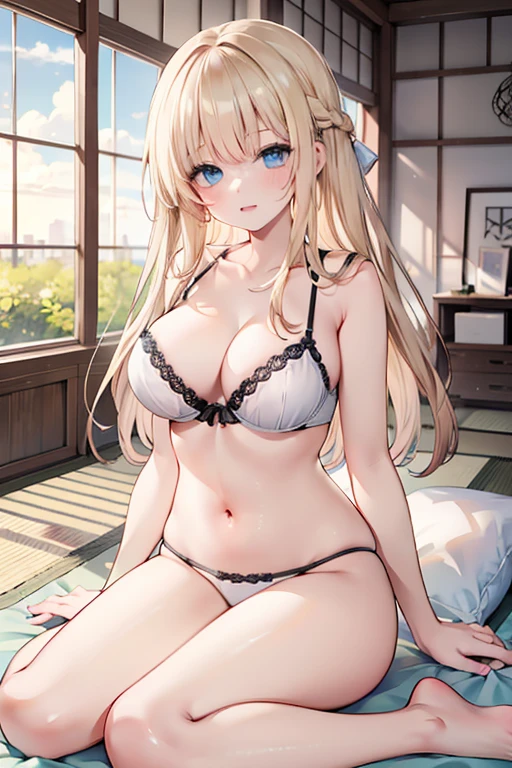 masterpiece, highest quality, High resolution, 、blue eyes、
blonde, Braiding、Long Hair、White bra、White panties、Japanese-style room、futon、Sitting cross-legged、Stand up straight