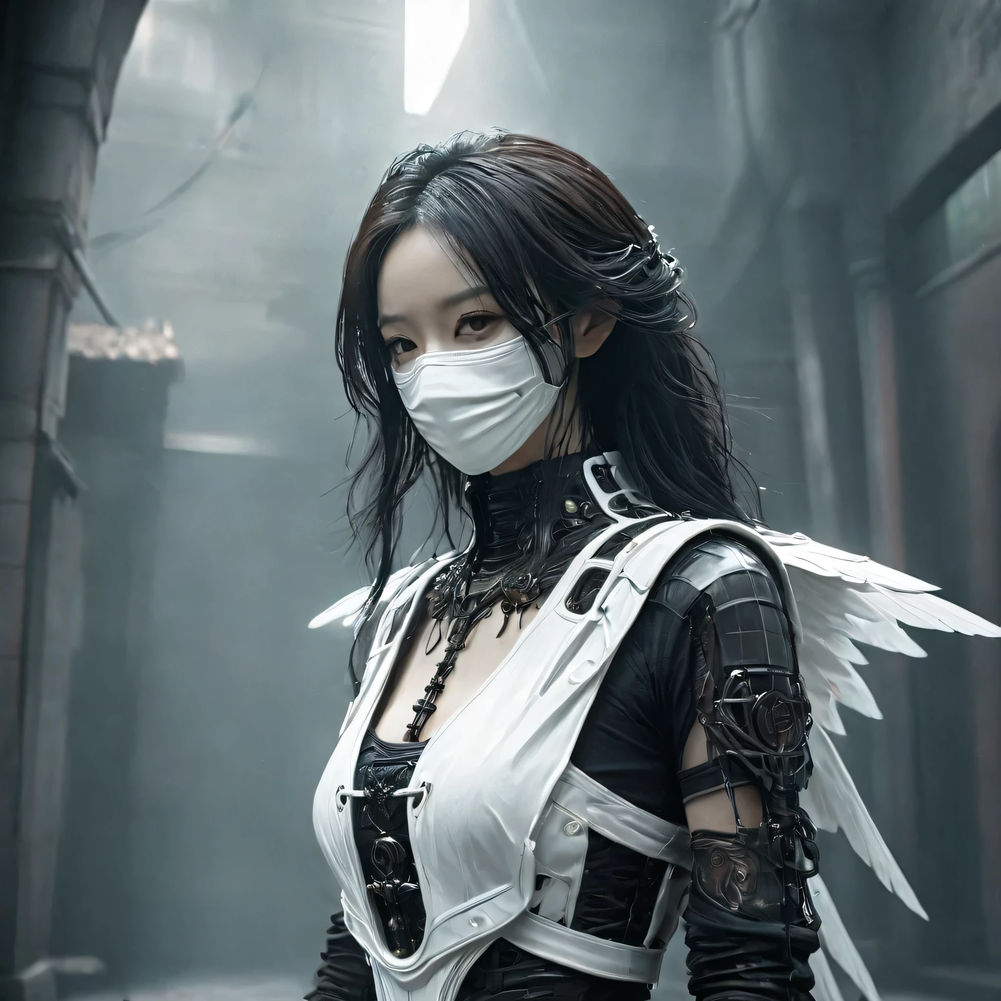 Arafed image of a person wearing white clothing and a mask, A very beautiful cyberpunk samurai, gothic - cyberpunk, Orthodox cyberpunk, Rococo Cyberpunk, ornamental gothic - cyberpunk, Gorgeous cosplay, occult cyberpunk, Mysterious Post-Apocalyptic Cyborg, Steampunk Angel, Ultra-detailed fantasy characters, Steampunk aesthetics, Steampunk fantasy style, japanese gothic, Hypergoth, Beautiful female demon warrior,Full Body