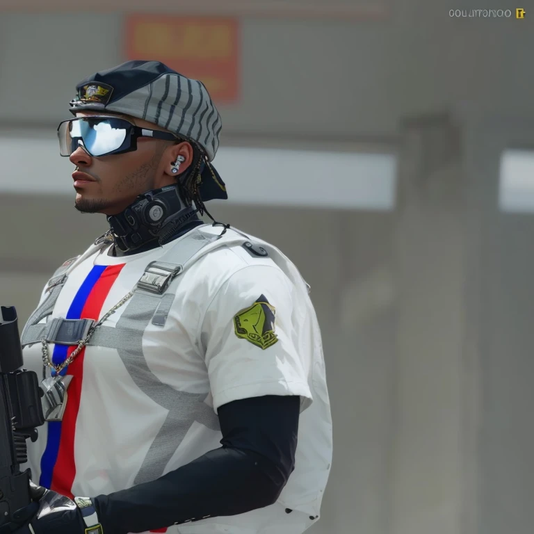 there is a man in uniform with a gun and a cap, personagem gta, como um personagem do GTAV, capanga de rua cyberpunk, British gang member, personagem gta v, estilo de rua gta v, estilo de gta v, estilo gta5, tom de pele do gta 5, como o protagonista do gta 5, neymar in gta v, mechanical punk clothing, roupa do futuro soldado