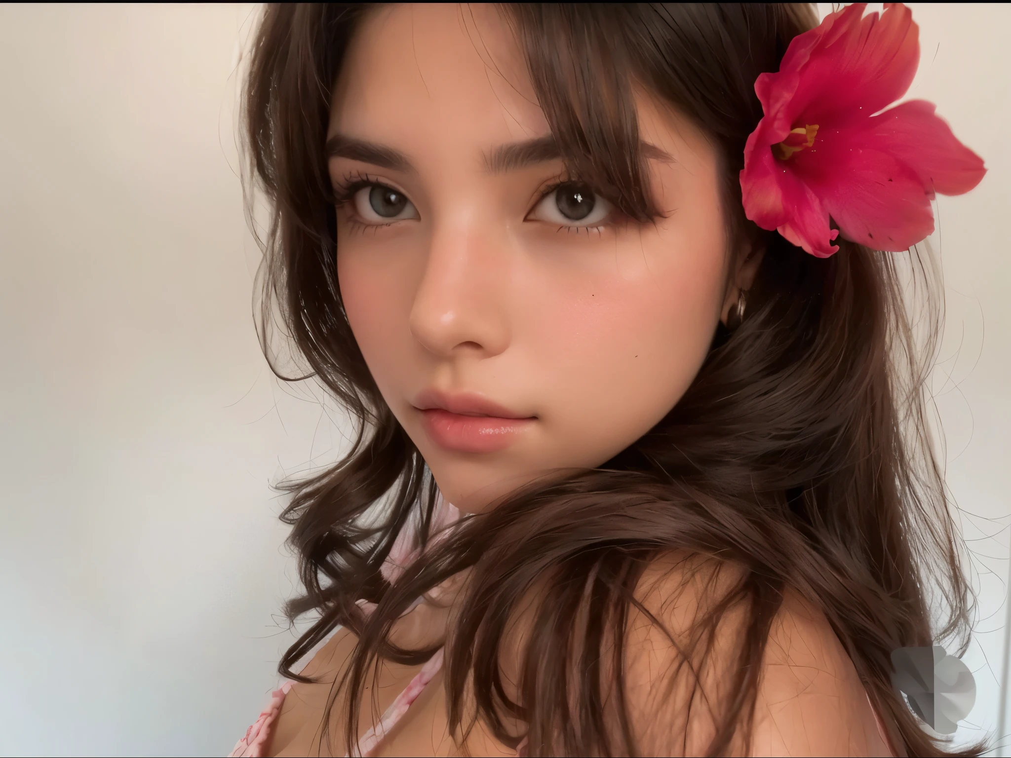 there is a woman with a flower in her hair, lindo rosto latina, Jenny, 8k qualidade, rosto perfeito