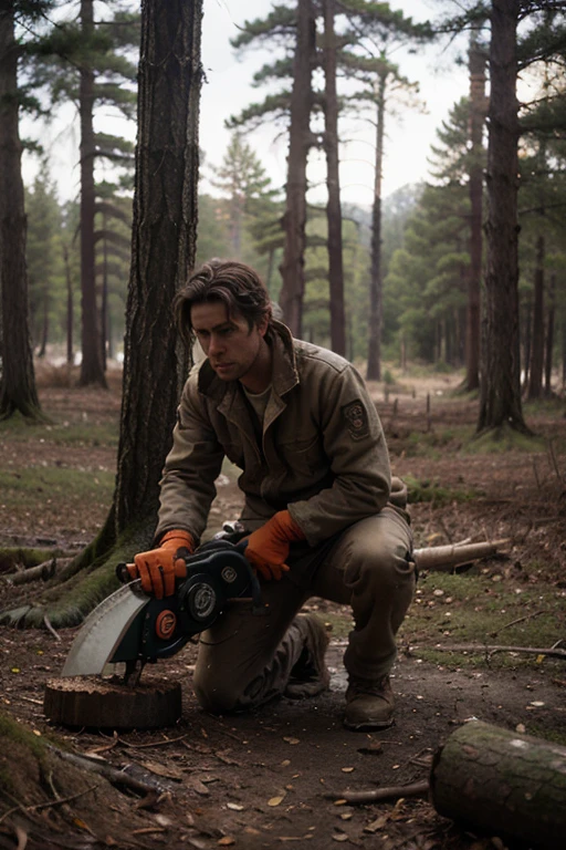 ((realismo de cinema)) ((no titles))  man cutting trees with a chainsaw and surroundings catching fire
