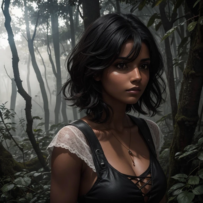 hermosa mujer de pelo negro corto , exploradora ,bosque oscuro con niebla