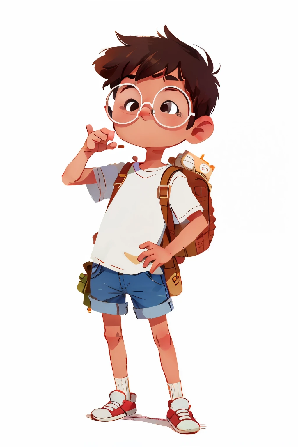 Little Explorer Joãozinho, with a serious, thoughtful expression, is captured in a series of playful poses and expressions against a pristine white background, echoing the style of a children's illustration. At six years old, Joãozinho is simple yet adorable, with short, straight, dark hair and a squeaky clean appearance. He is dressed in a crisp white shirt, accented with denim shorts that sit comfortably on his little legs. His backpack, a trusty brown companion, is slung casually over one shoulder, adding to his adventurous spirit. The absence of a belt, hat, book, or glasses leaves room for the imagination to fill in the details