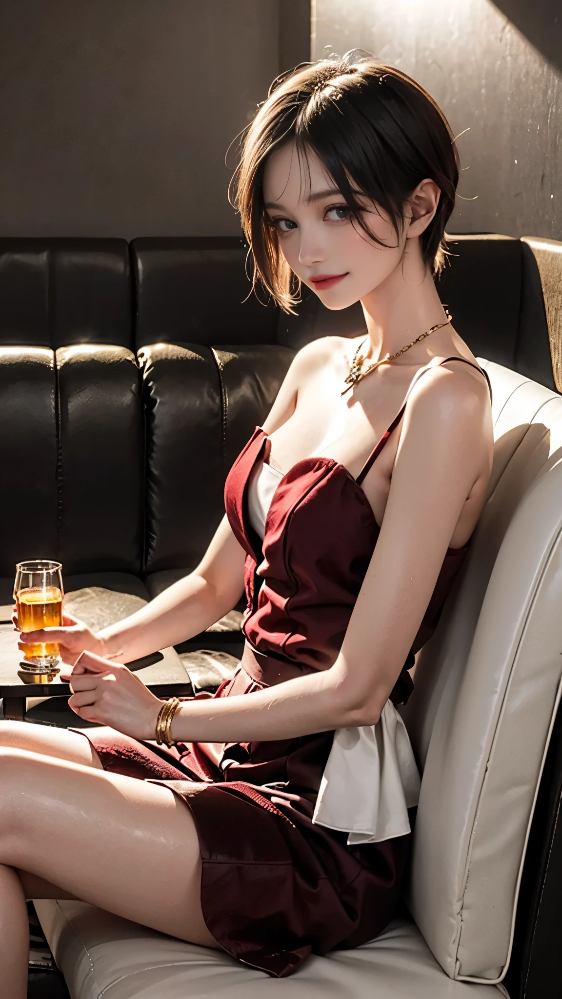 best quality, ultra-detailed, illustration, 
cabaret, scenery, bar (place), indoors, chair, table, light,


(((Golden lighting、Velvet dress、Red Velvet Long Sofa))), (ahegao),

1girl, solo, , jewelry, necklace, little devil smile, Cream yellow hair, looking at viewer, black dress, sleeveless dress, bracelet, sitting, drinking glass, alcohol, 
 