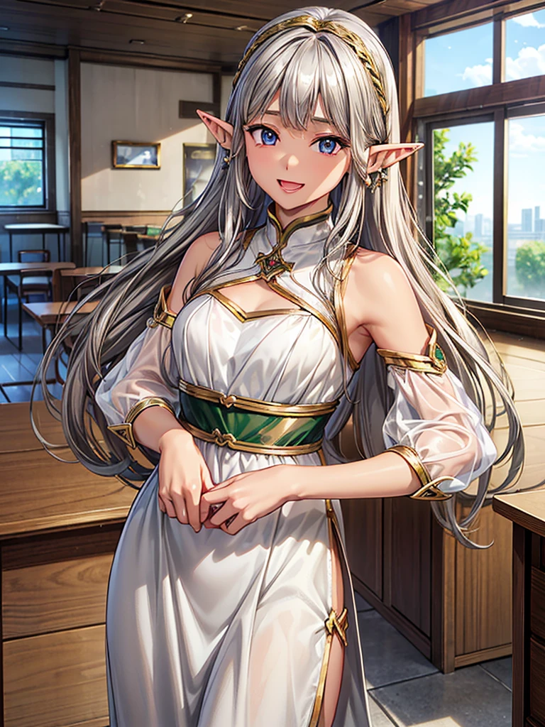 Masterpiece、high resolution、High definition、high quality、((Very close))、(((Elf)))、((1 female))、((Pointed Ears))、((Brown Skin))、((Beautiful silver hair))、(Gold contact lenses)、smile、Open your mouth a little、、classroom