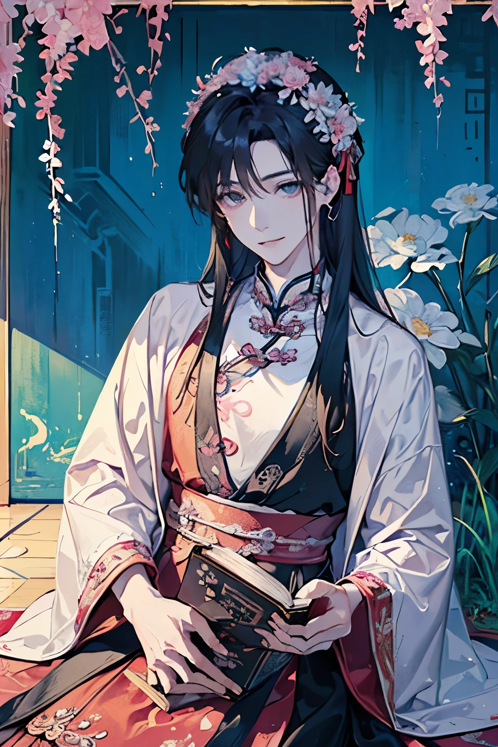 (old male:1.45)、(masterpiece、highest quality、highest quality、Beautiful and beautiful:1.2)、(Good anatomy:1.5)、Painting of a male with milky brown long hair、Shy smile、Sparkling Eyes、looking at the camera、Emerging from among the flowers and leaves、(sunny days:1.45)、(pink、black:1.2)、(Chinese:1.25)、(sitting on the floor reading a book:1.5)、Close-up of face