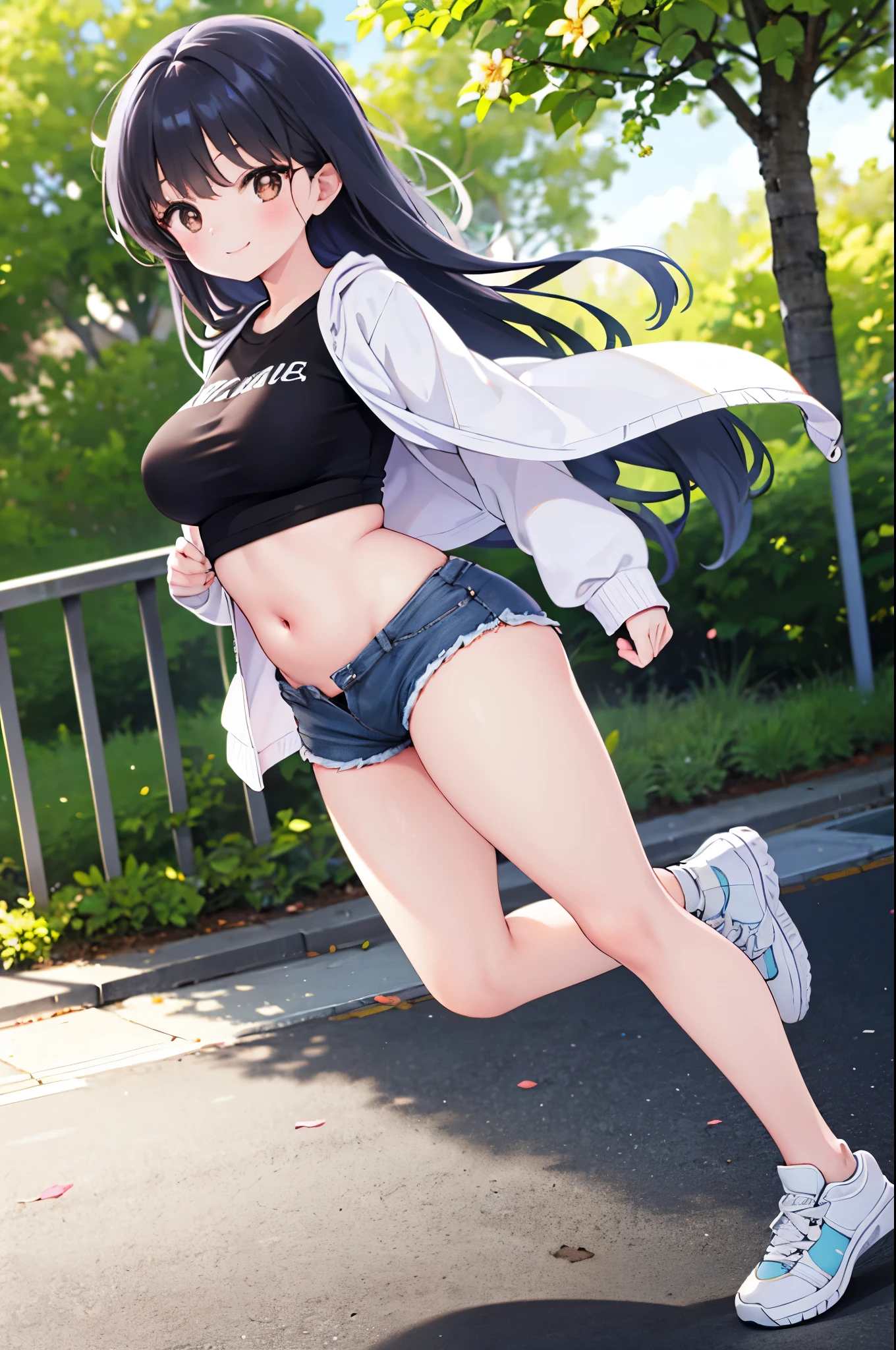 realistic image, detailed image, coherent image, 1 beautiful girl, she has very long hair, black hair, brown eyes, smiling expression. She is wearing a small t-shirt, with a long-sleeved sweatshirt, showing her navel, ripped shorts, sneakers, She has a curvy body, medium breasts and thick thighs, She is walking on a path surrounded by trees and flowers, inside a park, arching her back, hands hidden behind her back, sprouting her breasts, sunny day, Soft focus, full body view, Dramatic shadows, Volumetric lighting, natural lighting,