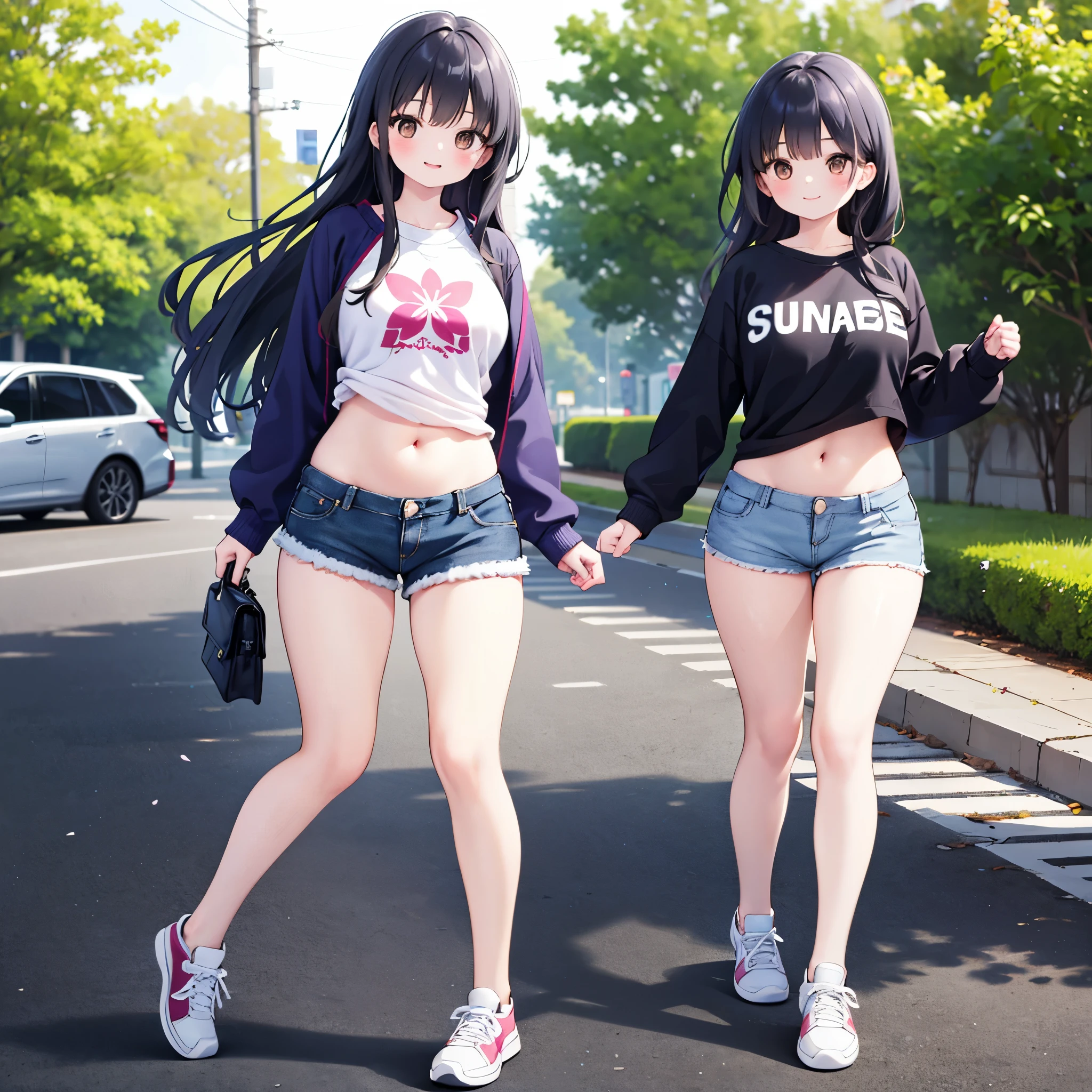 realistic image, detailed image, coherent image, 1 beautiful girl, she has very long hair, black hair, brown eyes, smiling expression. She is wearing a small t-shirt, with a long-sleeved sweatshirt, showing her navel, ripped shorts, sneakers, She has a curvy body, medium breasts and thick thighs, She is walking on a path surrounded by trees and flowers, inside a park, arching her back, hands hidden behind her back, sprouting her breasts, sunny day, Soft focus, full body view, Dramatic shadows, Volumetric lighting, natural lighting,