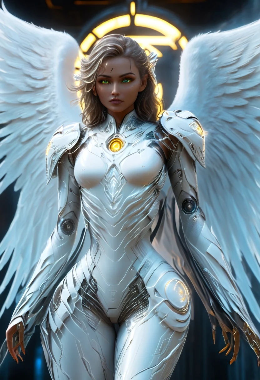 You have a mission!! task (((The most beautiful bionic angel in a perfectly tailored outfit in a given situation))), (give the solution!!), (((one rule is the golden ratio and white balance))), ((always draw hands and fingers correctly, correct them if you make a mistake)), In the darkness, a woman's figure is illuminated by a circular light that frames her head, young  cyborgetic angelic female, complete body, Caucasian skin, short,  body, bio cyborg body, show cleavage, bio cyborg arm's, curved lips, long fire hair, bio cyborg legs, battle Valhalla background,  ultra detailed lighting, Translucent mechanical wing ,  ultrarealistic, 8k, neon golden eyes, 