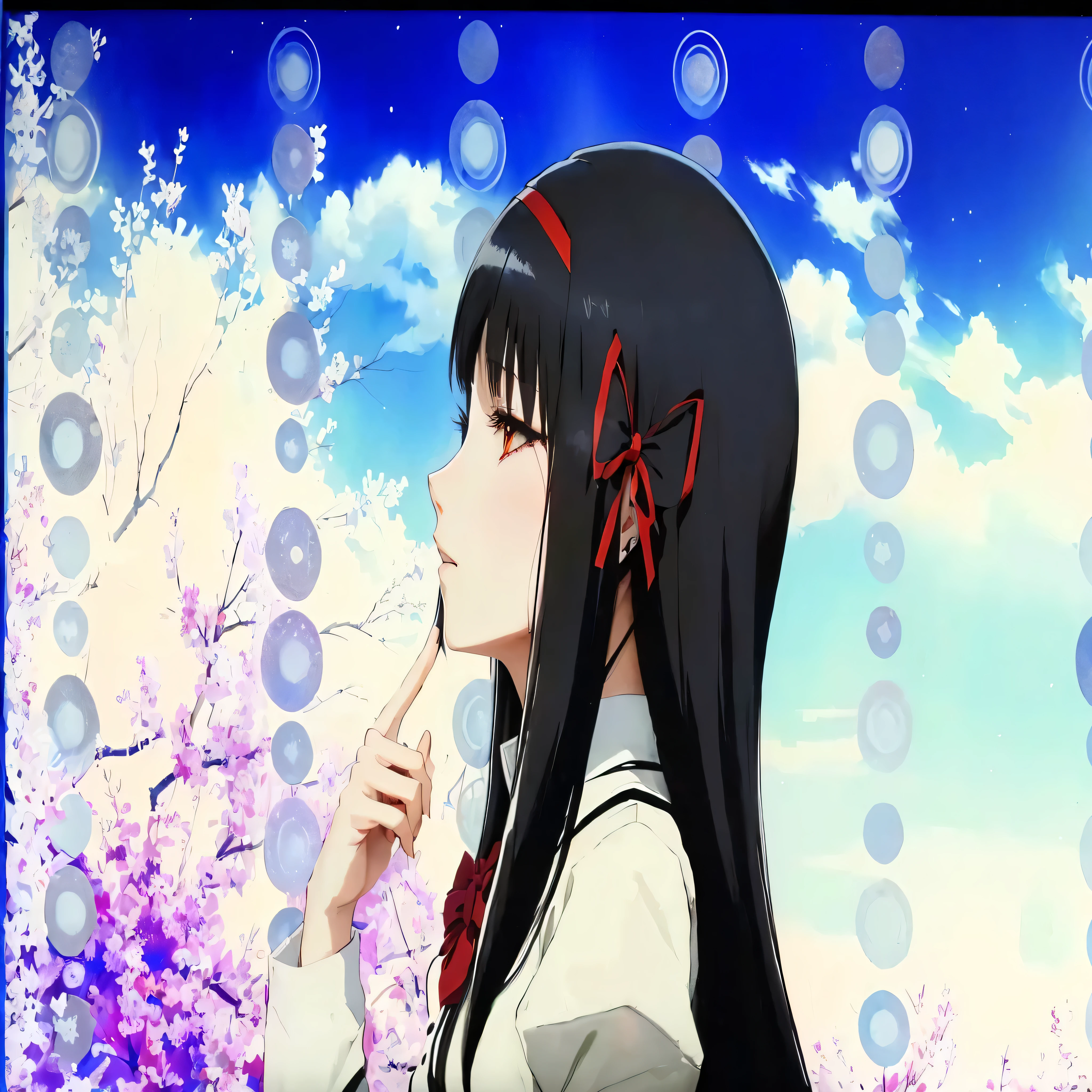 anime girl with long black hair and red bow in front of a tree, close up iwakura deitado, Hinata Hyuuga, filme de anime ainda filme anime shikishi, close de lain iwakura, iwakura deitado, por Jin Homura, close up of iwakura deitado, Sui Ishida com cabelo preto, imagem de anime shuushuu