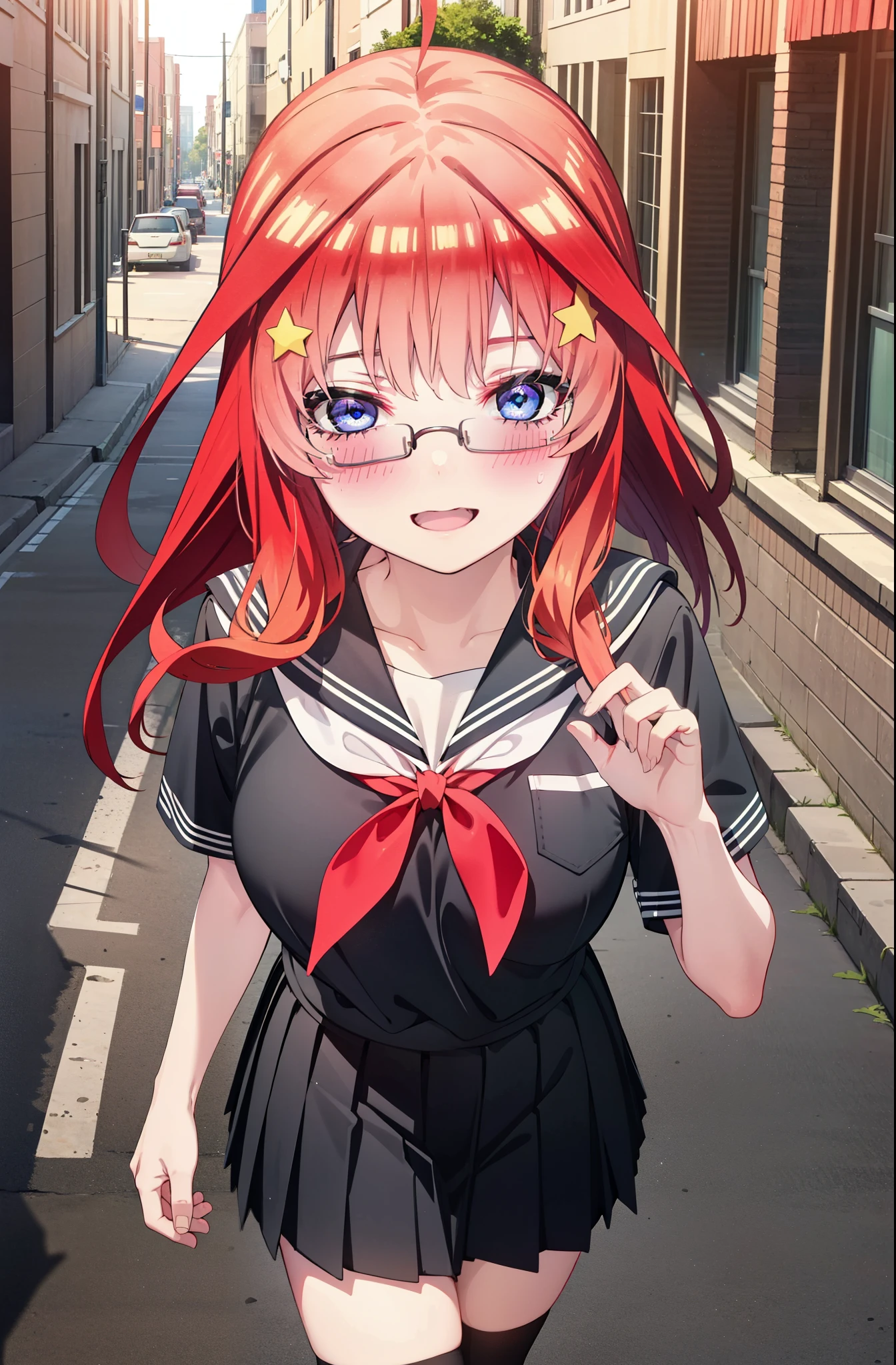 itsukinakano, Itsuki Nakano, bangs, blue eyes, Hair between the eyes, Ahoge, Redhead, star \(symbol\), hair ornaments, star 髪飾,blush,smile、happy smile, smile, Open your mouth,Akagi Glasses,Big Breasts,Japanese schoolgirl(Black Sailor Suit),Short sleeve,Black pleated skirt,Knee socks,Brown Loafers,walk,morning,morning陽,The sun is rising,whole bodyがイラストに入るように,walk,Looking down from above,
break outdoors, city,construction area,
break looking at viewer, whole body,
break (masterpiece:1.2), highest quality, High resolution, unity 8k wallpaper, (shape:0.8), (Beautiful details:1.6), Highly detailed face, Perfect lighting, Extremely detailed CG, (Perfect hands, Perfect Anatomy),