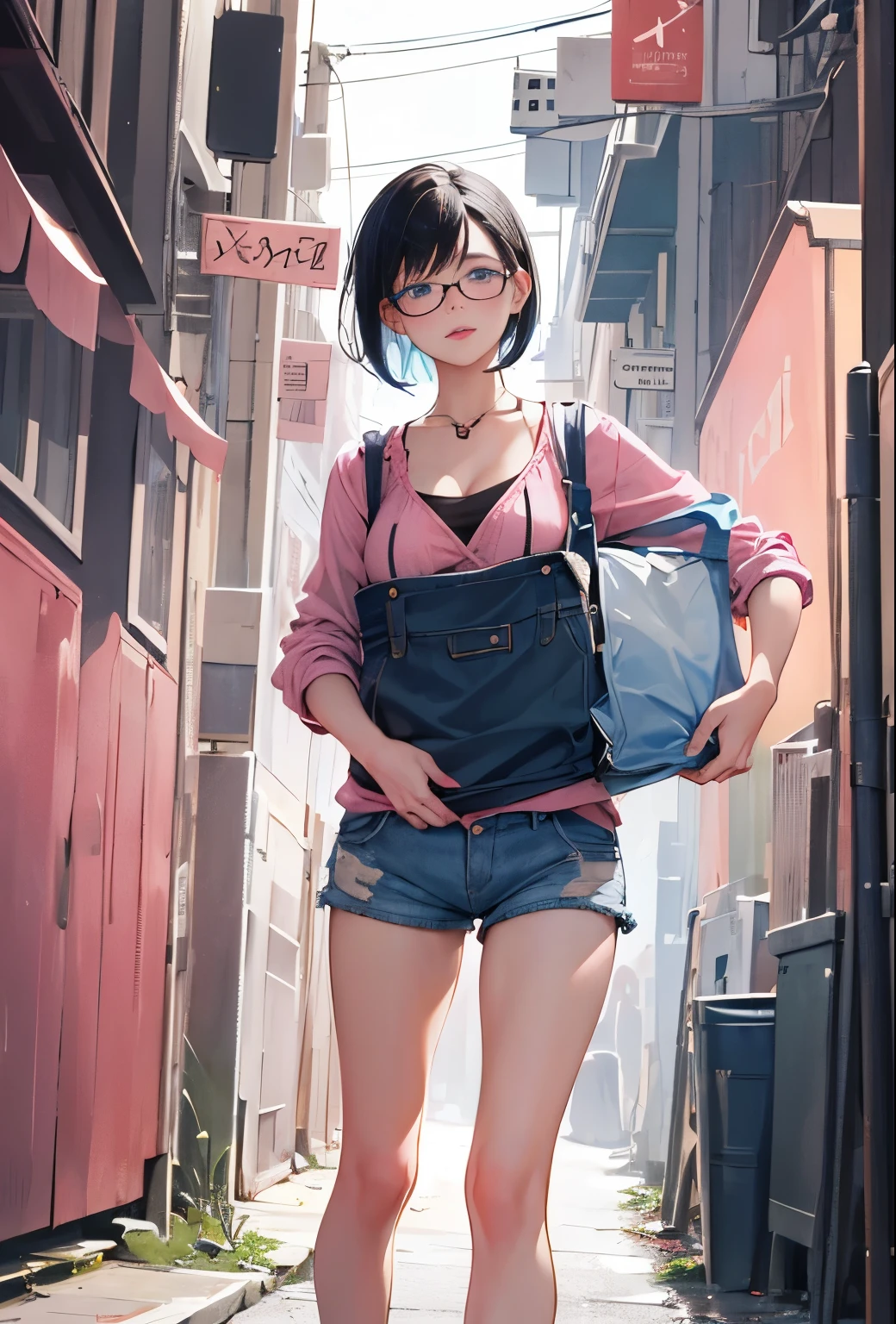 1girl, masterpiece, best quality, ultra detail, short straight black hair, pink lips, blue eyes, red cheek, looking at viewer, young, medium breasts, glasses, cleavage, denim shorts,