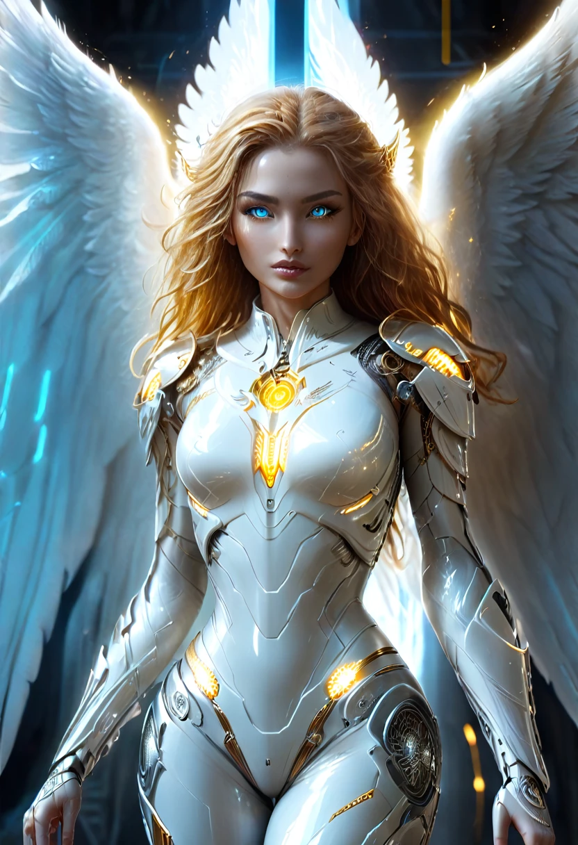 You have a mission!! task (((The most beautiful bionic angel in a perfectly tailored outfit in a given situation))), (give the solution!!), (((one rule is the golden ratio and white balance))), ((always draw hands and fingers correctly, correct them if you make a mistake)), In the darkness, a woman's figure is illuminated by a circular light that frames her head, young cyborgetic angelic female, complete body, Caucasian skin, short, body, bio cyborg body, show cleavage, bio cyborg arm's, curved lips, long fire hair, bio cyborg legs, battle Valhalla background, ultra detailed lighting, Translucent mechanical wing , ultrarealistic, 8k, neon golden eyes,