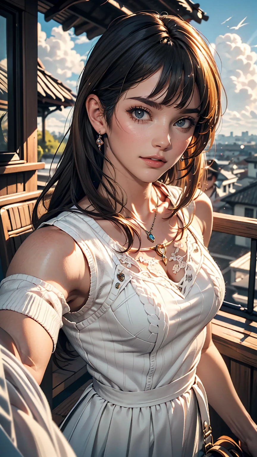 (alone:1.3)), One girl, highest quality, Genuineistic, Realistic, highest quality, masterpiece, Very delicate and beautiful, Very detailed, (Selfie:1.2), The finer details, Super detailed, High resolution, Very detailed, Genuineistic, Ultra High resolution, highest quality, Ultra High resolution, (Genuine:1.4), High-quality texture, Wear a thin white summer knit, On the roof, bangs, Long Hair , Afternoon Light, Wonderful sky and clouds