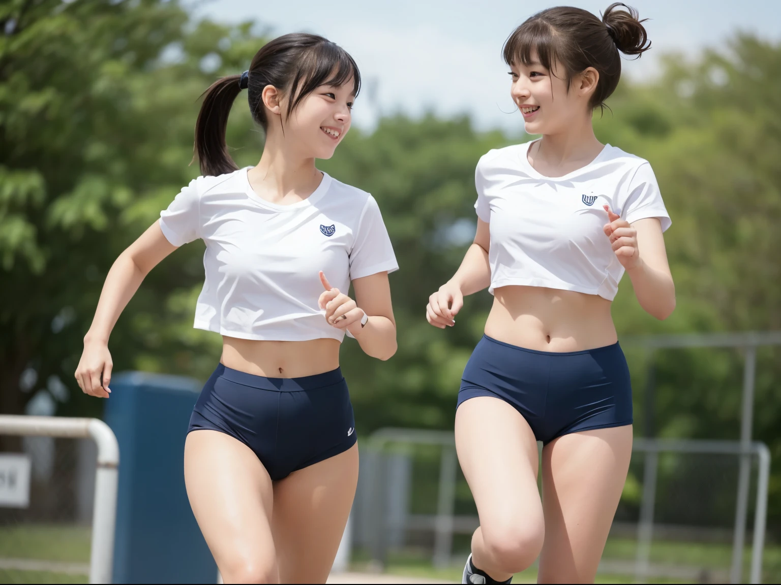 two girls running in the schoolyard,Navy blue briefs in speed style without logo,White school gymnastics shirt,18year old,Bangs,A little smile,thighs thighs thighs thighs,Knees,short cut hair,poneyTail,From below