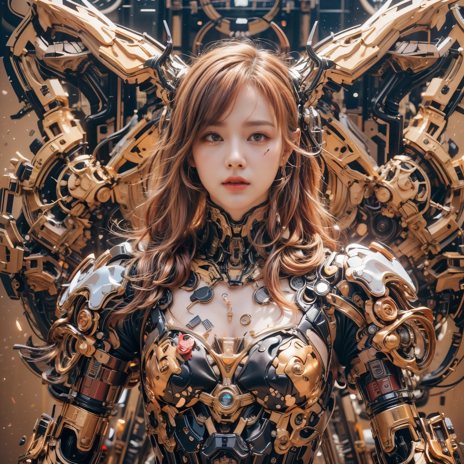 (top-quality:1.2, masterpiece)、ultra high resolution、extremely ultra surrealism, (Photorealsitic:1.4)、Raw photo、(Steampunk Battle Cyborg fallen angel)、(large mechanical bat wings)、black porcelain body、red  hair、glowy skin、1 Cyborg girl、(mechanical frame:1.3)japanese, extremely cute face,  ((super realistic details))、portrait、globalillumination、Shadow、octan render、8K、ultrasharp、character edge light、Details of complex ornaments、Acrylic Clear Cover、Sumerian details、Hydraulic cylinder、Small LED lamp、highly intricate detail、Realistic light、a purple eye、radiant eyes、Facing the camera、neon details、cowboy  shot、Futuristic headgear、About Cyberpunk