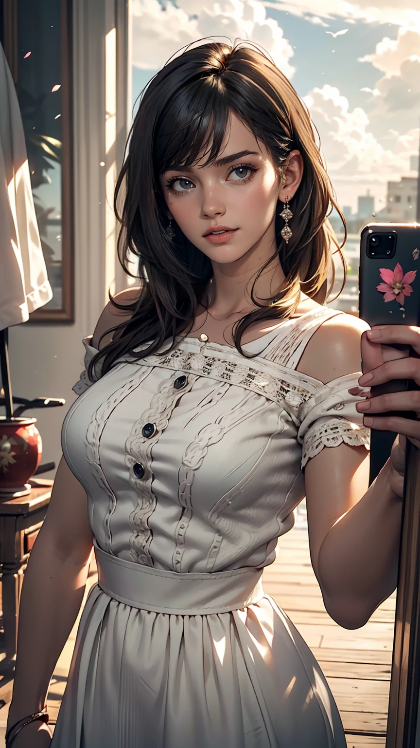 (alone:1.3)), One girl, highest quality, Genuineistic, Realistic, highest quality, masterpiece, Very delicate and beautiful, Very detailed, (Selfie:1.2), The finer details, Super detailed, High resolution, Very detailed, Genuineistic, Ultra High resolution, highest quality, Ultra High resolution, (Genuine:1.4), High-quality texture, Wear a thin white summer knit, On the roof, bangs, Long Hair , Afternoon Light, Wonderful sky and clouds