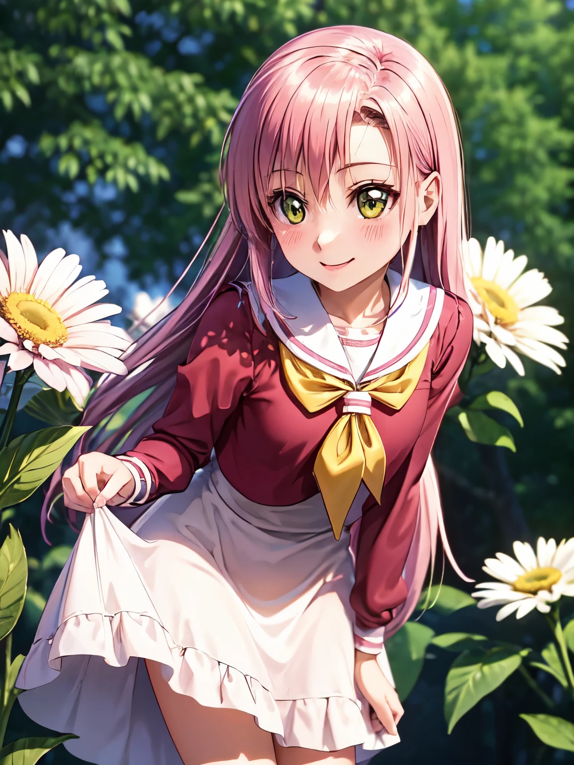 High resolution, highest quality, super high quality,3D Images、Daisies、Katsura Hina、Absolute reference to the center、Cute no matter who looks at it、Skirt lift、Pink Hair ,Very long hair, Straight hair、Hinagiku Katsura、Absolute reference to center、whole body, alone,Cinematic lighting、smile、blush、Beautifully styled hair,Cowboy Shot、Leaning forward