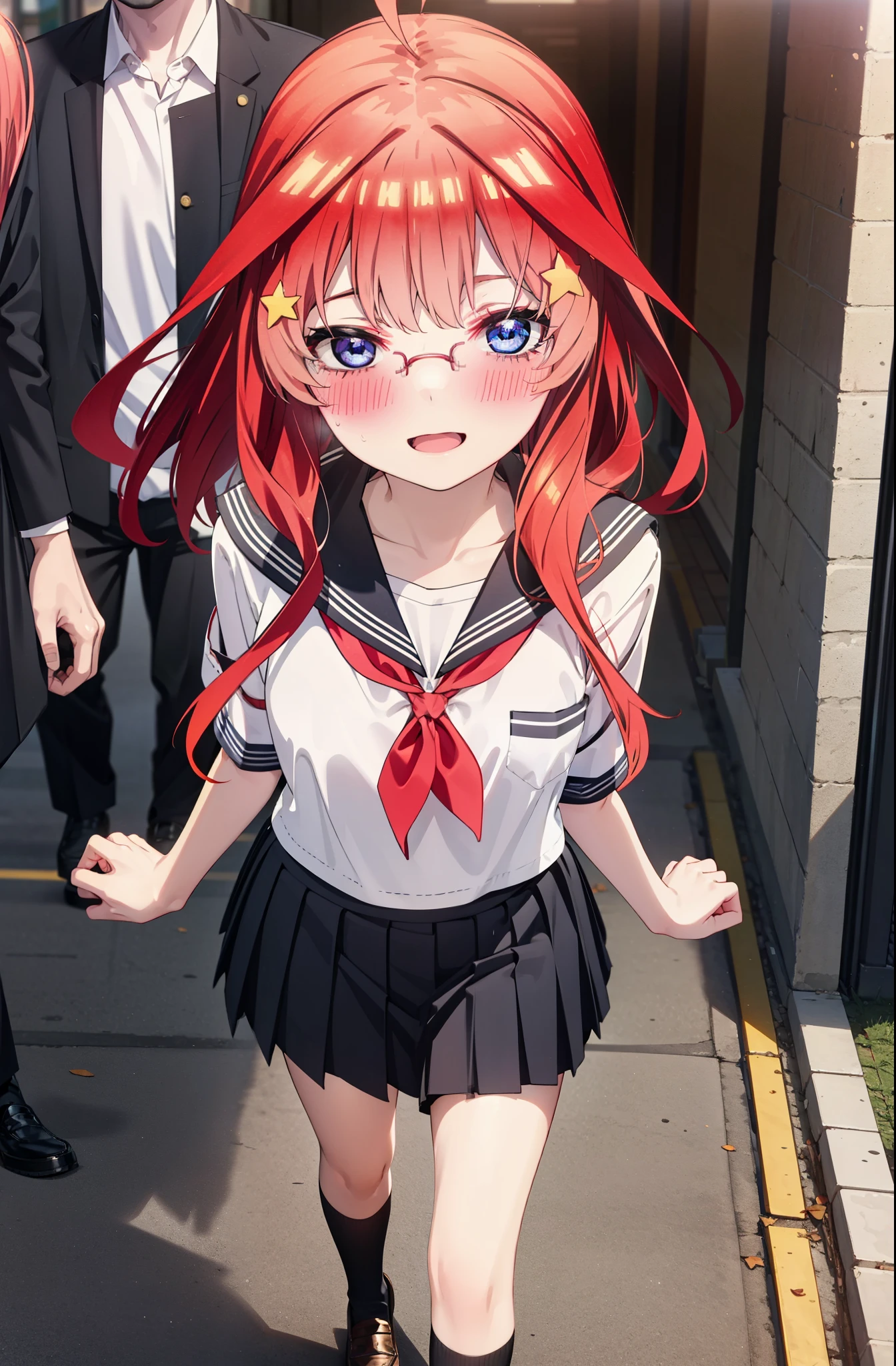 itsukinakano, Itsuki Nakano, bangs, blue eyes, Hair between the eyes, Ahoge, Redhead, star \(symbol\), hair ornaments, star 髪飾,blush,smile、happy smile, smile, Open your mouth,Akagi Glasses,Big Breasts,Japanese schoolgirl(Black Sailor Suit),Short sleeve,Black pleated skirt,Knee socks,Brown Loafers,walk,morning,morning陽,The sun is rising,whole bodyがイラストに入るように,walk,Looking down from above,
break outdoors, city,construction area,
break looking at viewer, whole body,
break (masterpiece:1.2), highest quality, High resolution, unity 8k wallpaper, (shape:0.8), (Beautiful details:1.6), Highly detailed face, Perfect lighting, Extremely detailed CG, (Perfect hands, Perfect Anatomy),