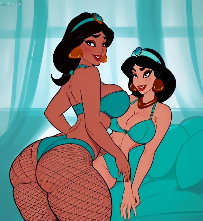((1girl)), (((jasmine))), ((JasmineWaifu)), ((bust)), (((milf))), ((curvy)), ((brown skin)), ((thick thighs)), ((big booty)), ((wide hips)), (big breasts), ((black hair)), (sexy smile), ((best quality)), (high quality), (detailed), (perfect face), (), (teal bikini), ((fishnets)), (()), smooth lighting,
