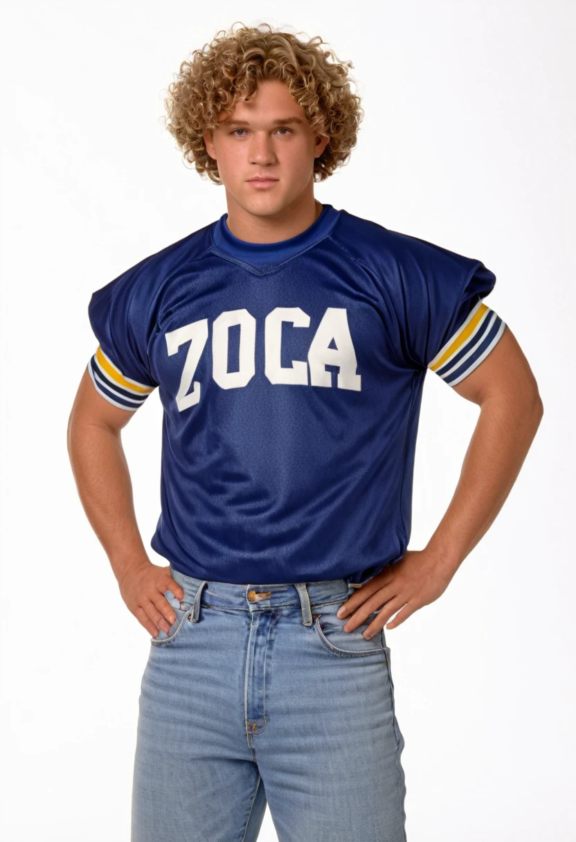 twenty six year old man, short curly sandy hair, barrel-chested physique, square face, body like a football lineman, photorealism, high quality, 8k, 90s style, 1990s, football jersey and jeans, no background