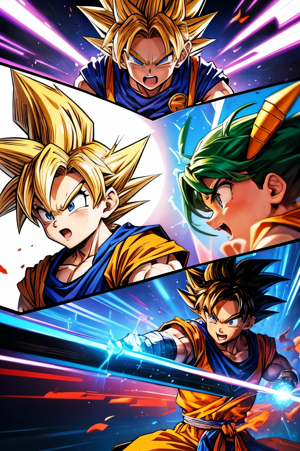 Depicting the cartoon Dragon Ball Goku and Dar comic series in a vibrant and creative irregularly tilted comic grid. Each grid contains an independent storyline, starting in the upper left corner and ending in the lower right corner. Grids sometimes overlap or are placed diagonally to add visual tension. At certain key plot points, characters will jump out of the screen to enhance the dynamic feel of the story. For example, the protagonist might jump from grid to grid while escaping, or during a battle scene, the action might extend beyond the boundaries of the grid. The background and situation of each grid gradually changes according to the development of the story, from city chase to secret base infiltration, and finally leads to the climax. The overall style is vivid, with bright colors and rich expressions and movements. Leave the dialogue blank to be filled in later and let the audience imagine what the conversation would be like.