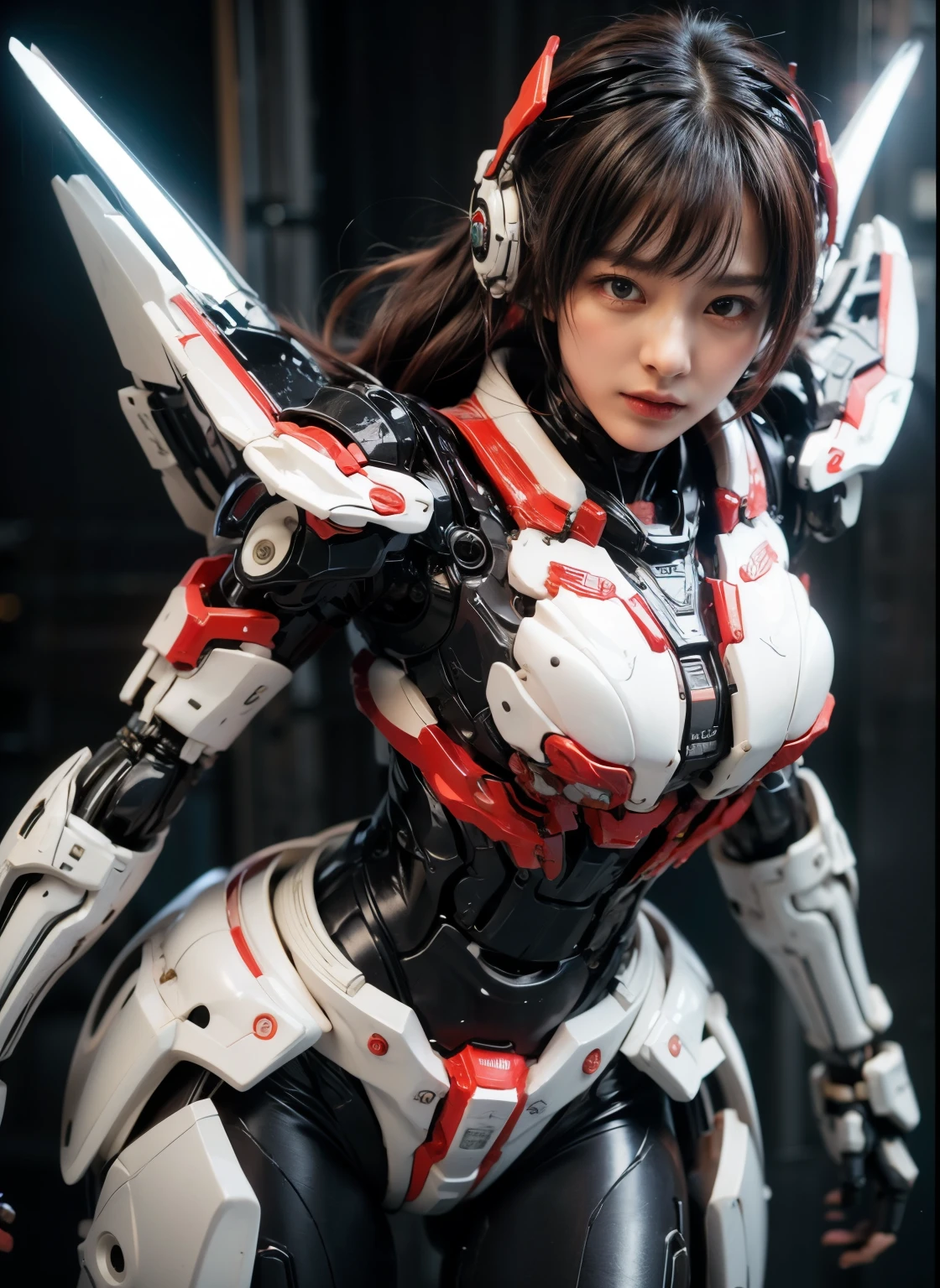 (top-quality:1.2, masterpiece)、ultra high resolution、extremely ultra surrealism, (Photorealsitic:1.4)、Raw photo、(Steampunk Battle Cyborg fallen angel)、(large mechanical bat wings)、black porcelain body、red hair、glowy skin、1 Cyborg girl、(mechanical frame:1.3)japanese, extremely cute face, ((super realistic details))、portrait、globalillumination、Shadow、octan render、8K、ultrasharp、character edge light、Details of complex ornaments、Acrylic Clear Cover、Sumerian details、Hydraulic cylinder、Small LED lamp、highly intricate detail、Realistic light、a purple eye、radiant eyes、Facing the camera、neon details、cowboy shot、Futuristic headgear、About Cyberpunk