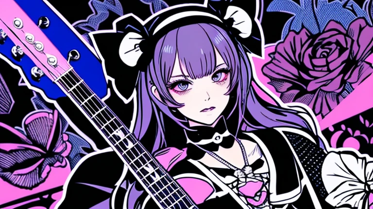 Beautiful hardcore illustration homepage illustration style, dark, High resolution, hard touch illustration, Strong outline, Gothic & ta Style, Gothic & Loliashion, 8k, American Comic Styles, Colorful background, Hiroyuki Nagasaka, Aggressive, Beautiful Face, Cool Beauty, dress, Beauty Style, blue, Fight, Hard Illustration, Blue Pink Ears,Playing guitar