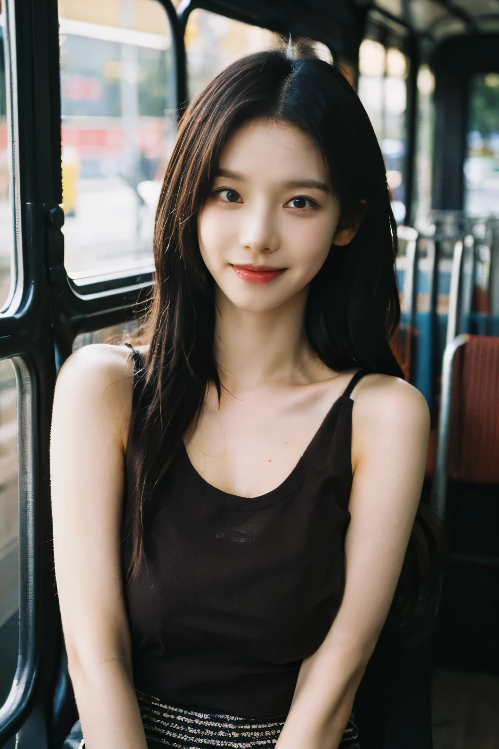 ((Midnight, Best quality, 8k, Masterpiece :1.3)), Sharp focus :1.2, A pretty woman with perfect figure :1.4, ((Dark brown hair, Big breasts :1.2)), (tank top wearing, underwear show off, sitting :1.2), ((bus :1.3)), Highly detailed face and skin texture, Detailed eyes, Double eyelid, cleavage, smile, sexy look