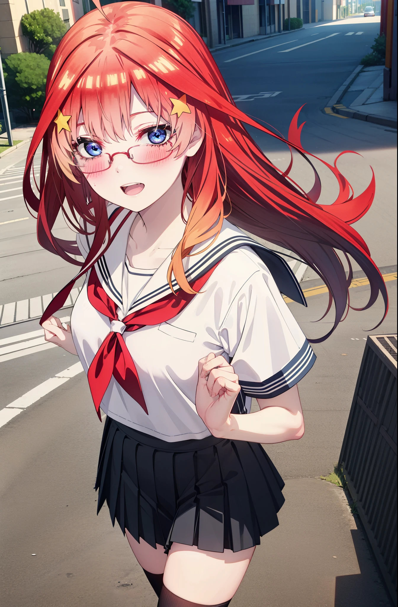 itsukinakano, Itsuki Nakano, bangs, blue eyes, Hair between the eyes, Ahoge, Redhead, star \(symbol\), hair ornaments, star 髪飾,blush,smile、happy smile, smile, Open your mouth,Akagi Glasses,Big Breasts,Japanese schoolgirl(Black Sailor Suit),Short sleeve,Black pleated skirt,Knee socks,Brown Loafers,walk,morning,morning陽,The sun is rising,whole bodyがイラストに入るように,walk,Looking down from above,
break outdoors, city,construction area,
break looking at viewer, whole body,
break (masterpiece:1.2), highest quality, High resolution, unity 8k wallpaper, (shape:0.8), (Beautiful details:1.6), Highly detailed face, Perfect lighting, Extremely detailed CG, (Perfect hands, Perfect Anatomy),