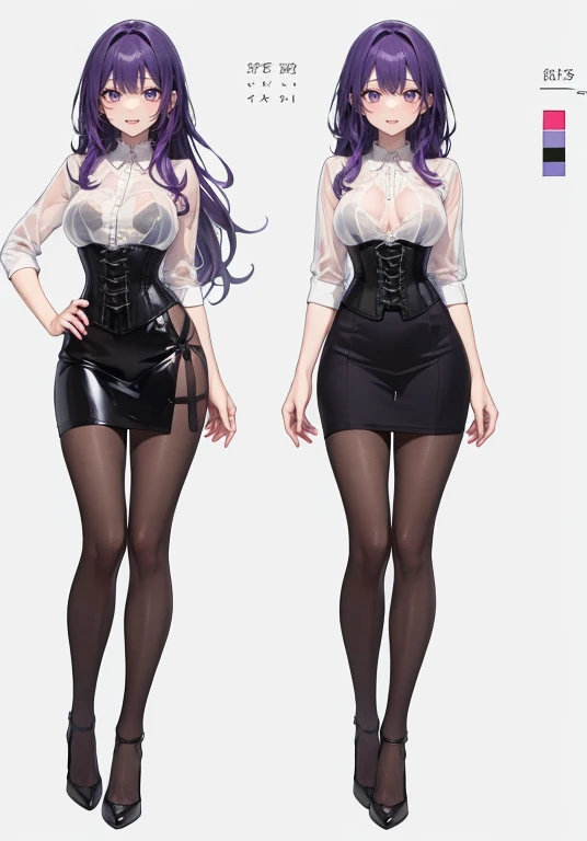 Purple hair,voluminous long hair,Adult female,(Bartender),See-through shirt,See-through tops,(Corset),(Tight skirt),(high heels),The heel is visible,((Simple background)),Smile,((Full body)),((whole body)),Character Sheet,